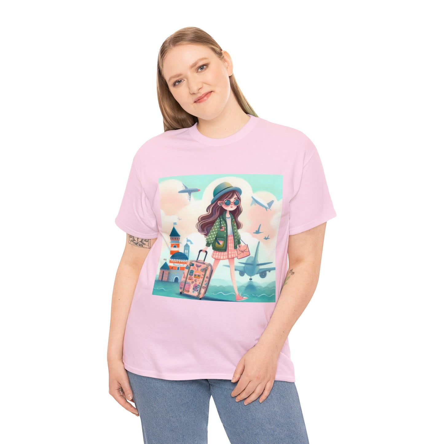 Travel addicted/Girl with luggage -  Unisex Heavy Cotton Tee