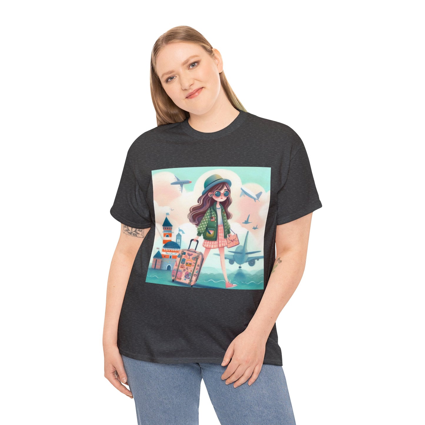 Travel addicted/Girl with luggage -  Unisex Heavy Cotton Tee