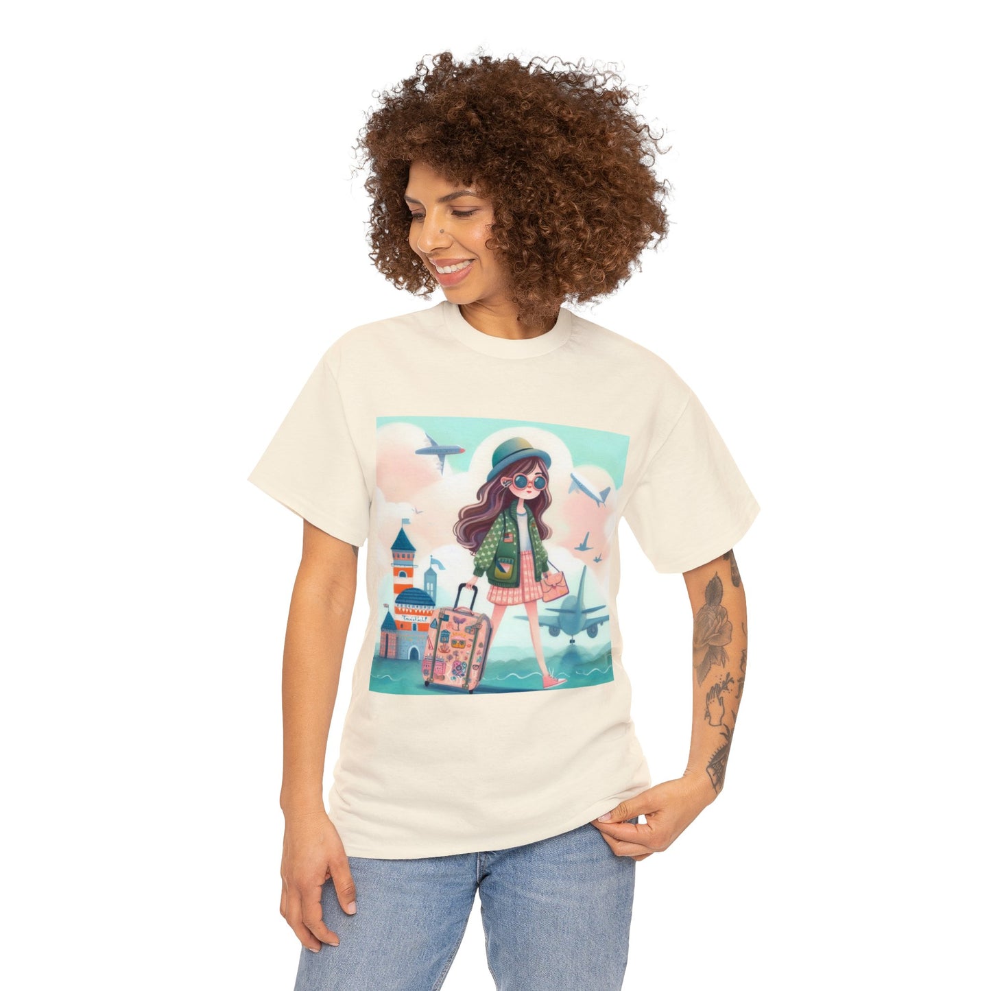 Travel addicted/Girl with luggage -  Unisex Heavy Cotton Tee