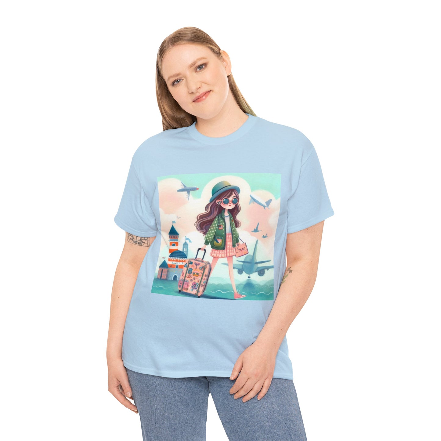 Travel addicted/Girl with luggage -  Unisex Heavy Cotton Tee