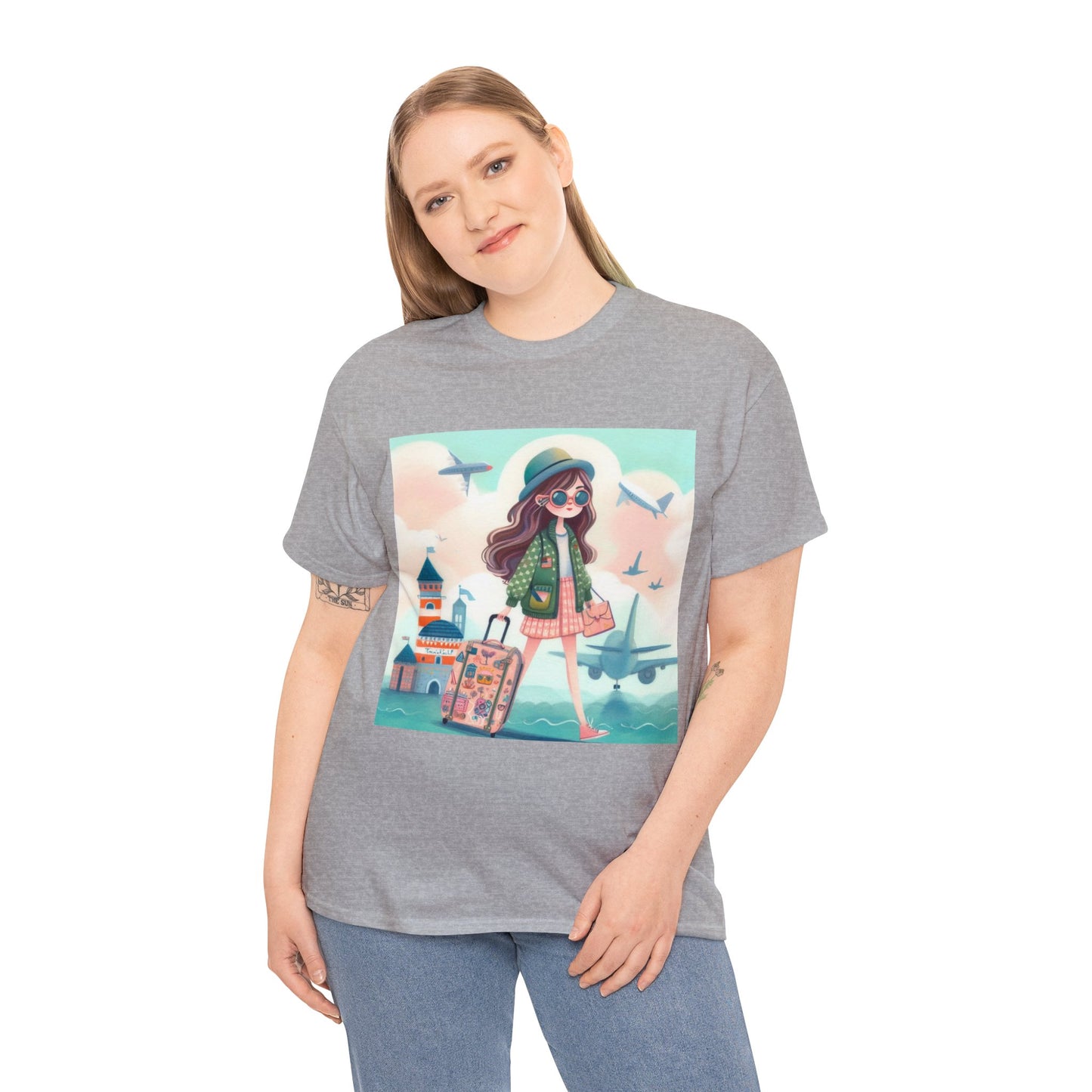 Travel addicted/Girl with luggage -  Unisex Heavy Cotton Tee