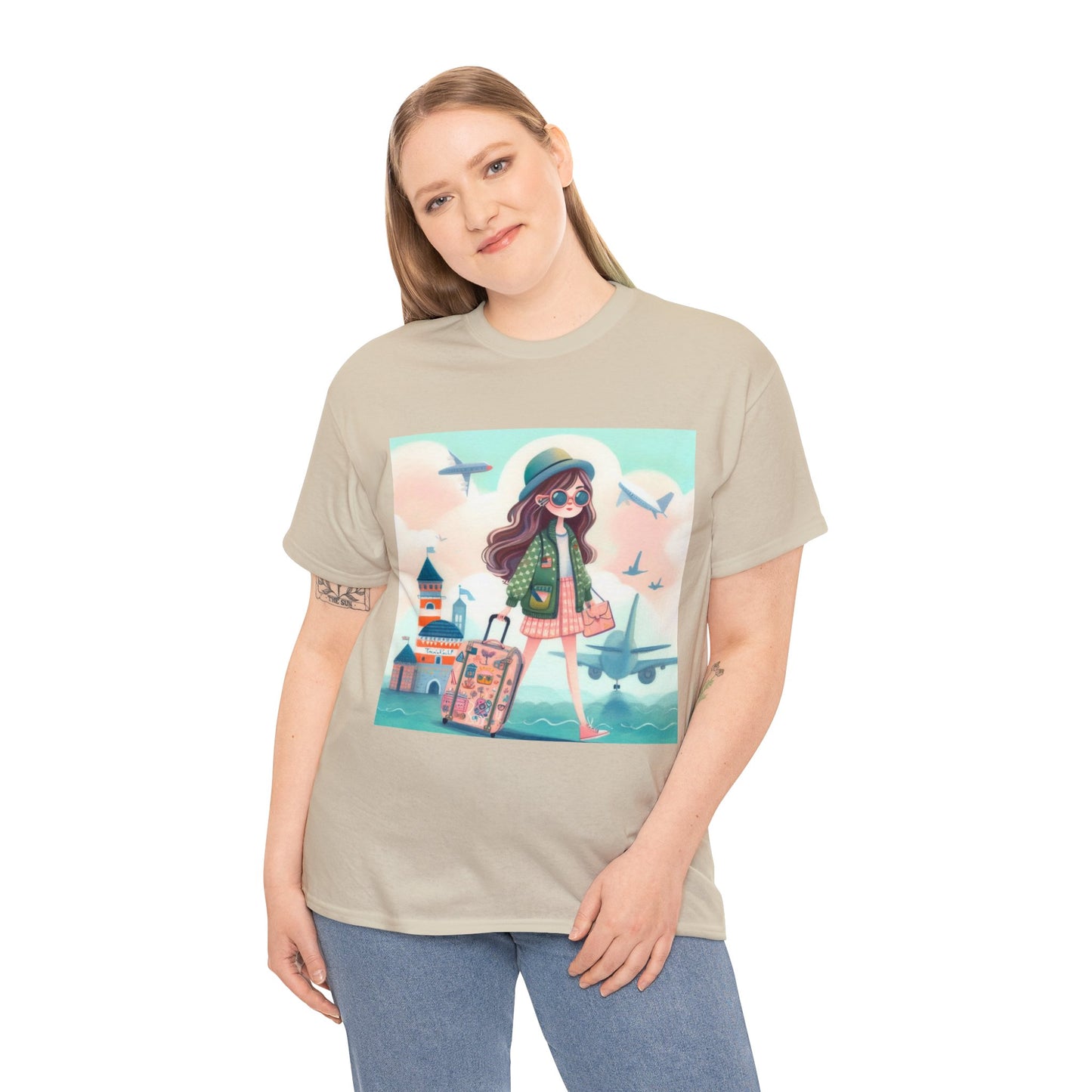 Travel addicted/Girl with luggage -  Unisex Heavy Cotton Tee