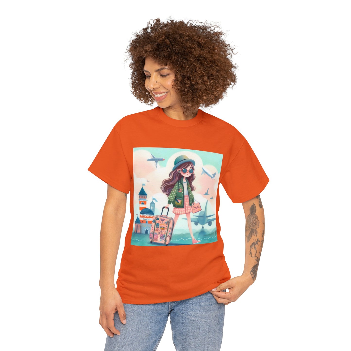 Travel addicted/Girl with luggage -  Unisex Heavy Cotton Tee