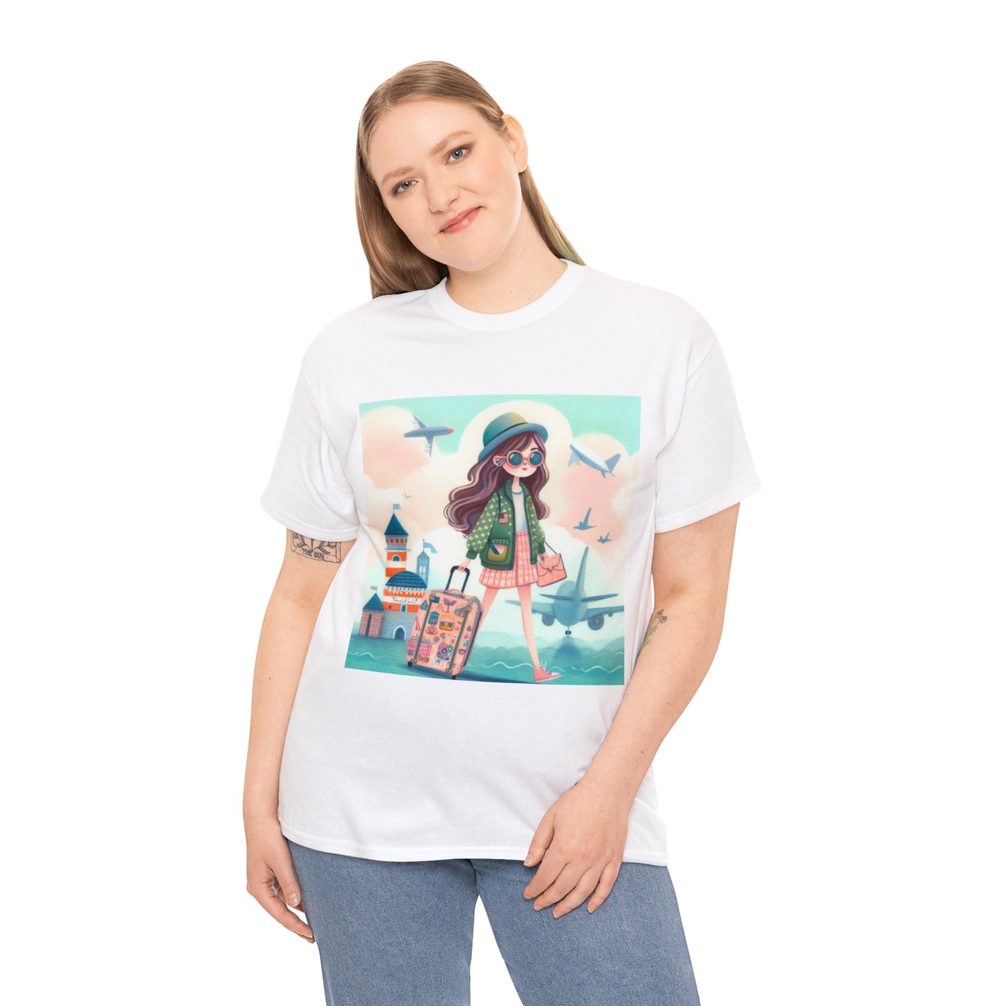 Travel addicted/Girl with luggage -  Unisex Heavy Cotton Tee