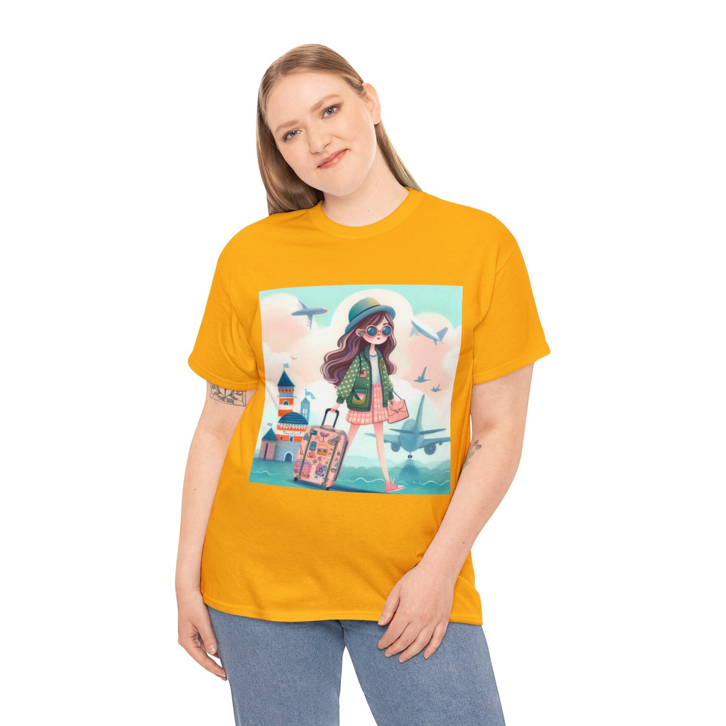 Travel addicted/Girl with luggage -  Unisex Heavy Cotton Tee