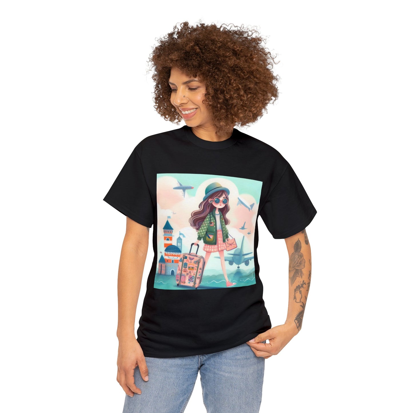 Travel addicted/Girl with luggage -  Unisex Heavy Cotton Tee