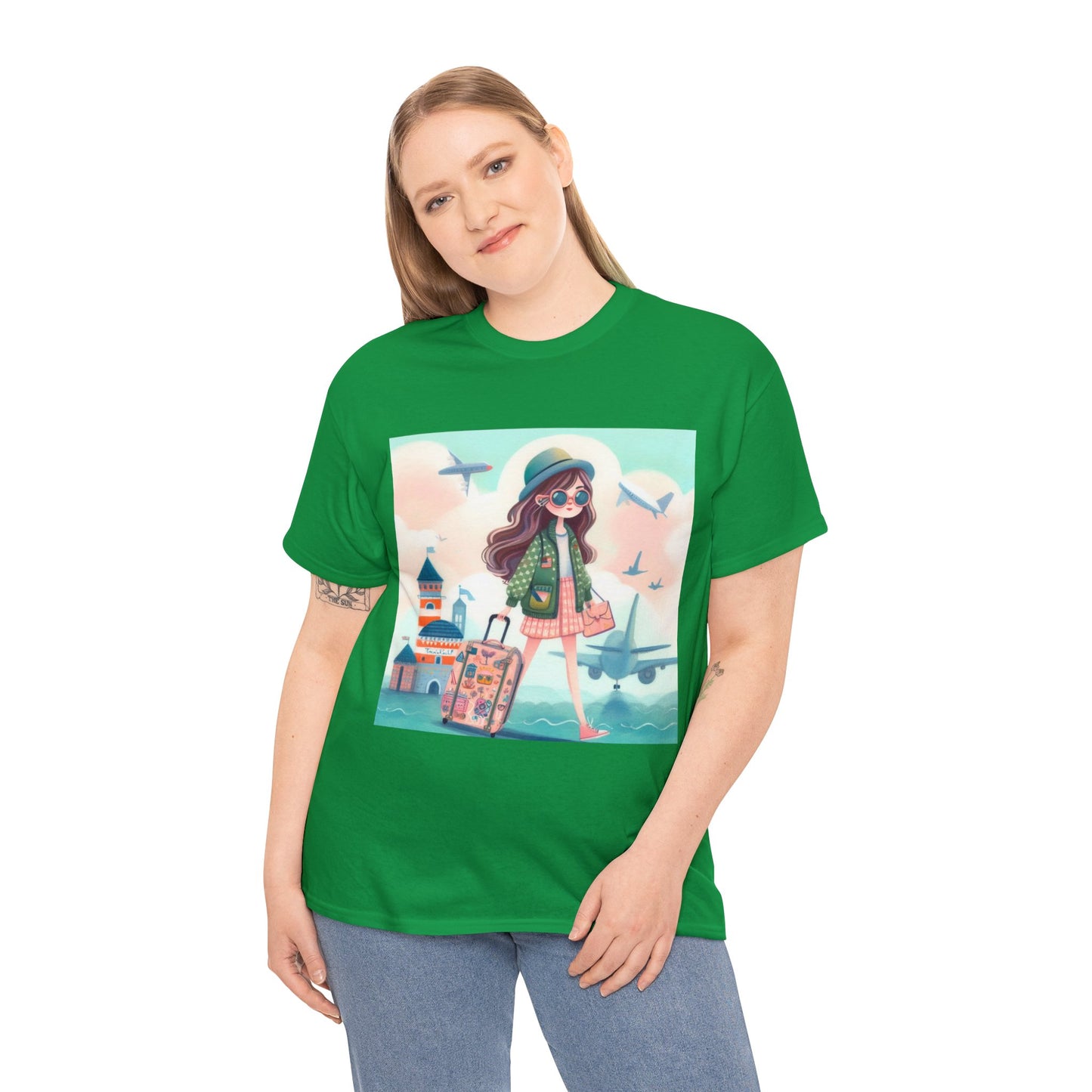 Travel addicted/Girl with luggage -  Unisex Heavy Cotton Tee