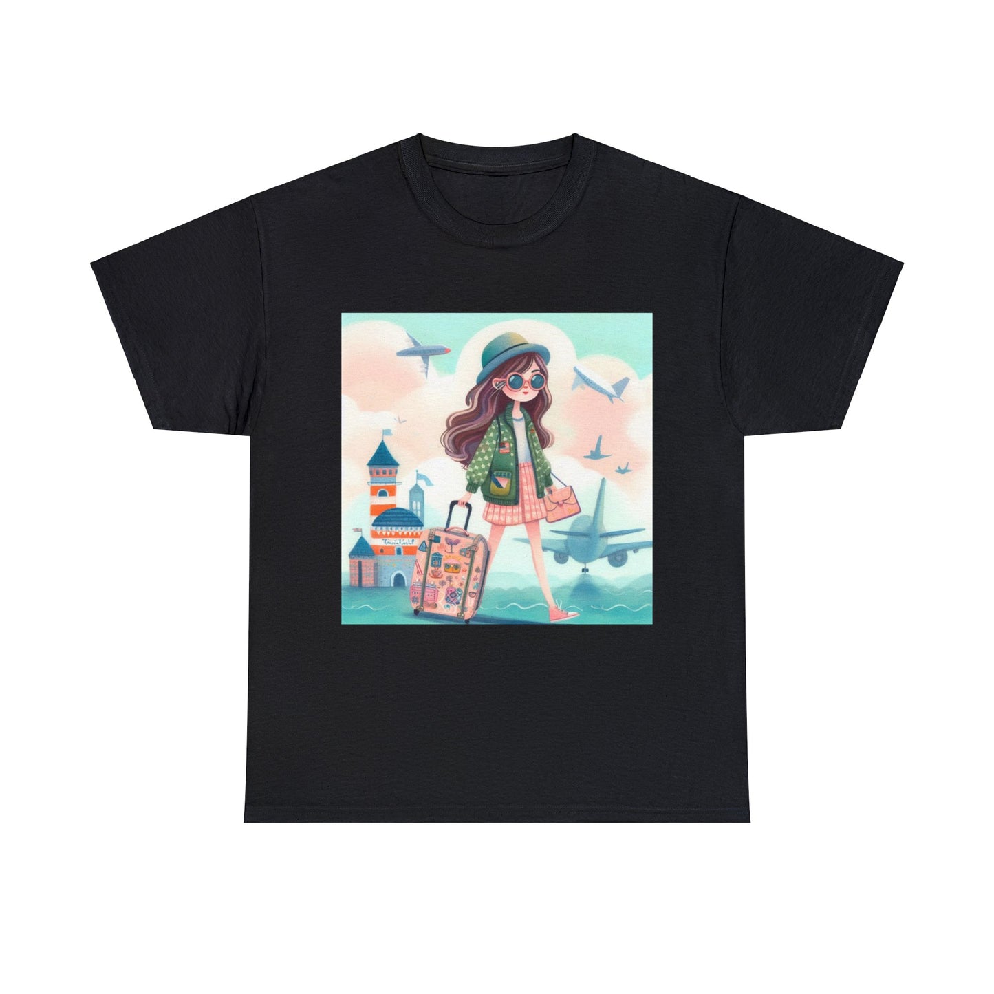 Travel addicted/Girl with luggage -  Unisex Heavy Cotton Tee