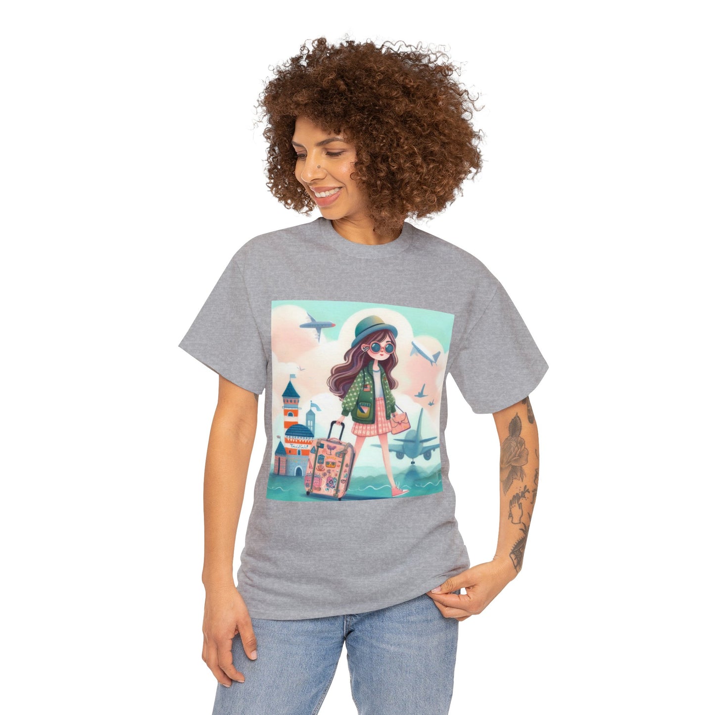 Travel addicted/Girl with luggage -  Unisex Heavy Cotton Tee