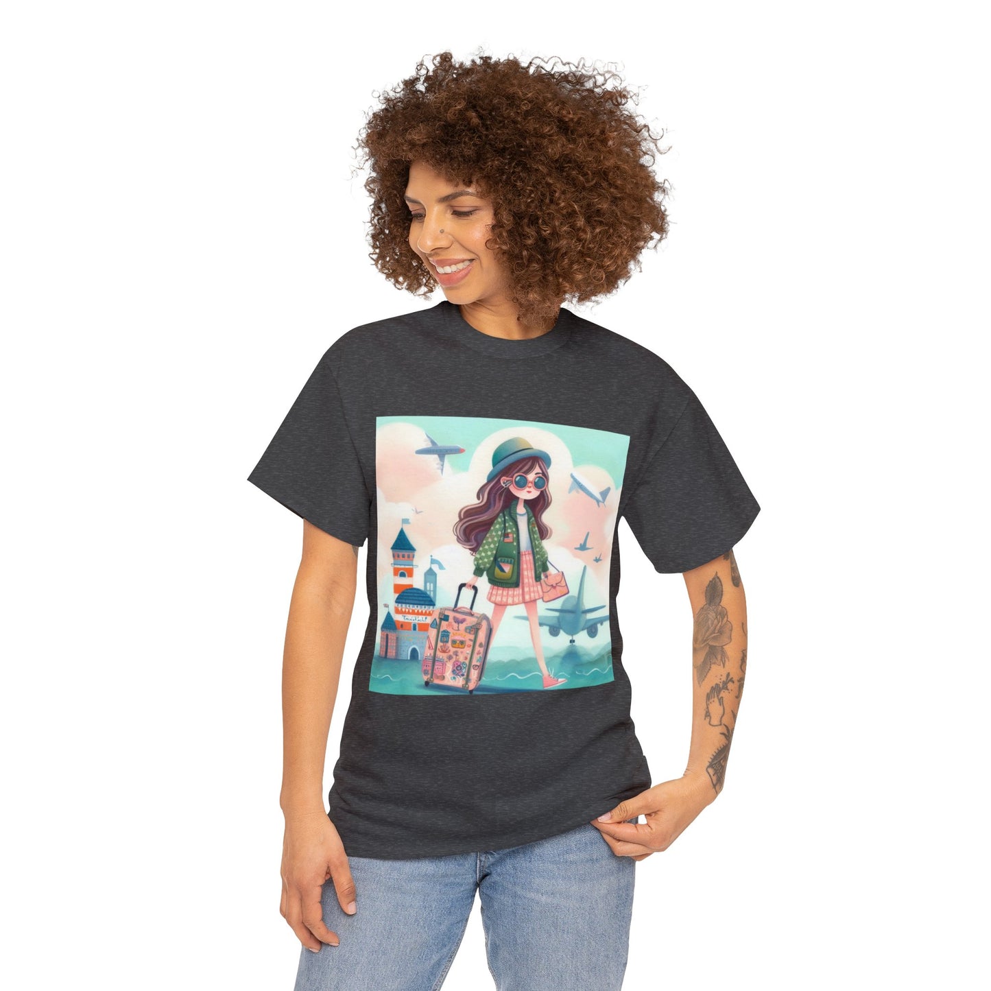 Travel addicted/Girl with luggage -  Unisex Heavy Cotton Tee