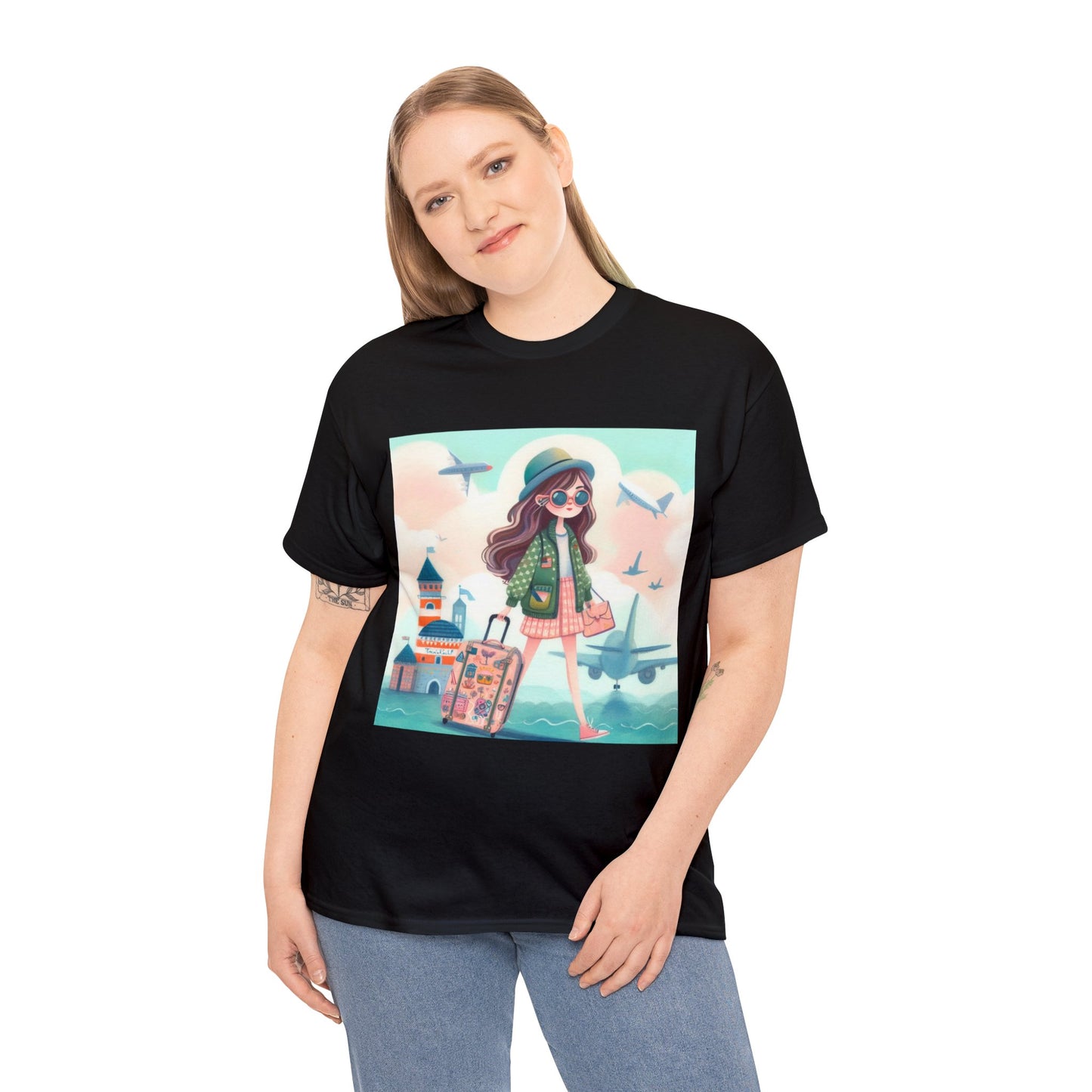 Travel addicted/Girl with luggage -  Unisex Heavy Cotton Tee