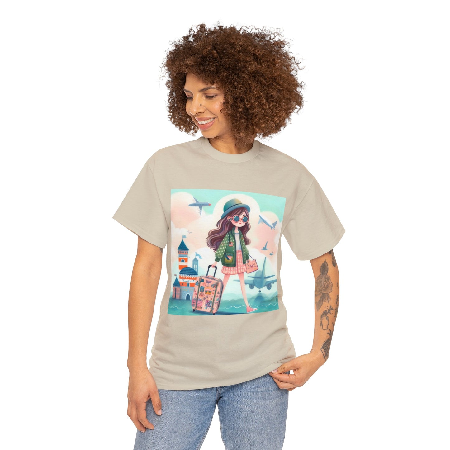 Travel addicted/Girl with luggage -  Unisex Heavy Cotton Tee