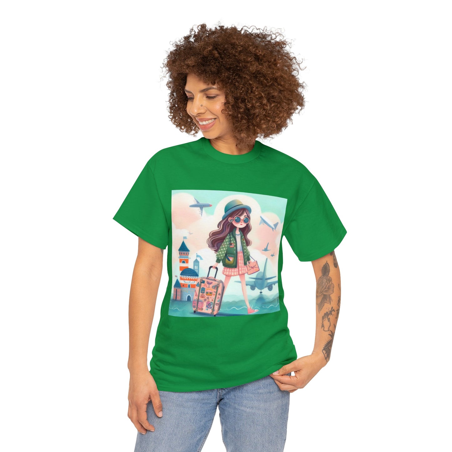 Travel addicted/Girl with luggage -  Unisex Heavy Cotton Tee