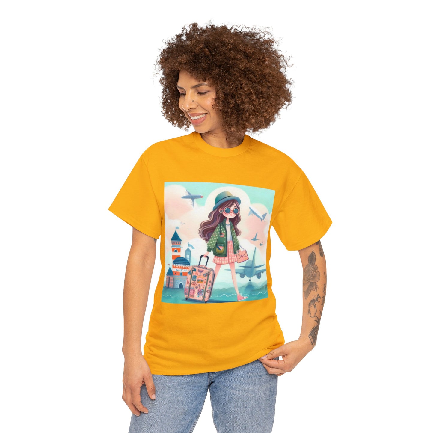 Travel addicted/Girl with luggage -  Unisex Heavy Cotton Tee