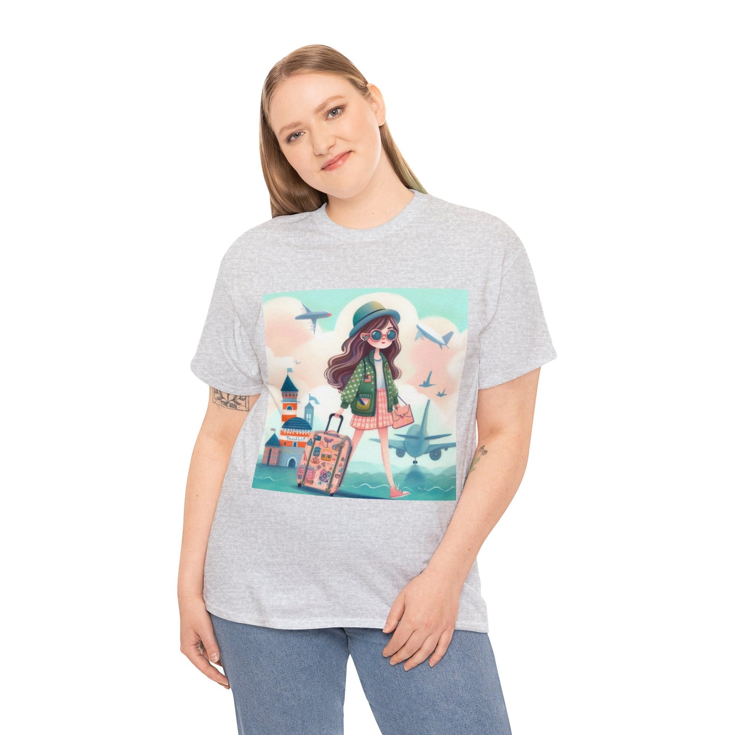 Travel addicted/Girl with luggage -  Unisex Heavy Cotton Tee